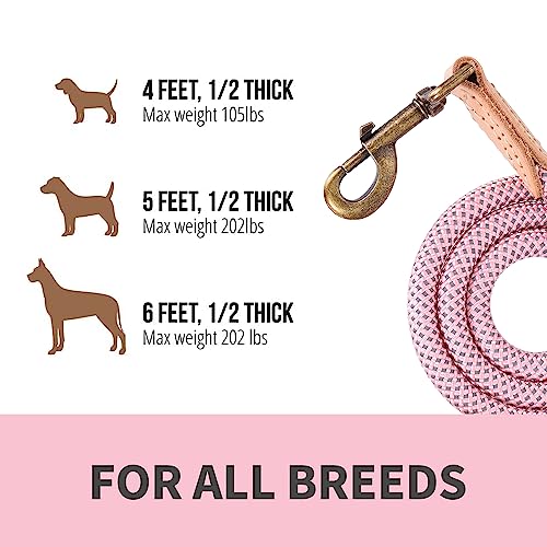 Mile High Life Dog Leash, Rope Leash with Genuine Leather Connection and Heavy Duty Metal Clasp, Great for Small Medium Large Dogs(Pink,48 Inch) - color: Rope Handle-Pink, size: 48 Inch-1/2"