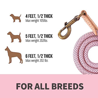 Mile High Life Dog Leash, Rope Leash with Genuine Leather Connection and Heavy Duty Metal Clasp, Great for Small Medium Large Dogs(Pink,48 Inch) - color: Rope Handle-Pink, size: 48 Inch-1/2"