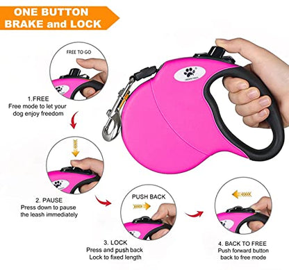 16ft Retractable Dog Leash for Large Breed Dogs up to 110 lbs with a Detachable Chew Proof Extender Wire Ropes (Pink L) - color: Pink, size: Large