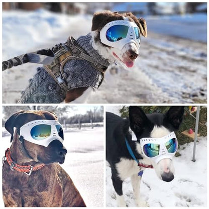 Namsan Dog Goggles for Large Dogs, Wide Snout & Soft Frame, Tactical Driving Sunglasses for Dogs Medium to Large Breed, Anti-UV Dog Eye Protection, Windproof Dustproof, Adjustable, White - color: (Large)Blue Lens