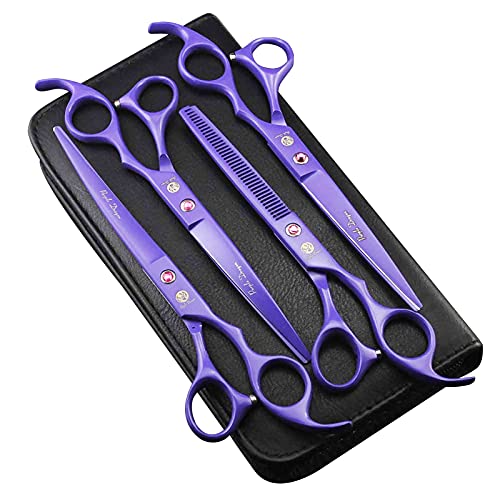 Purple Dragon Professional 7.0 inch 4PCS Pet Grooming Scissors Kit Japan Premium Steel Straight & Curved & Thinning Blade Dog Hair Cutting Shears Set with Case - color: Violet