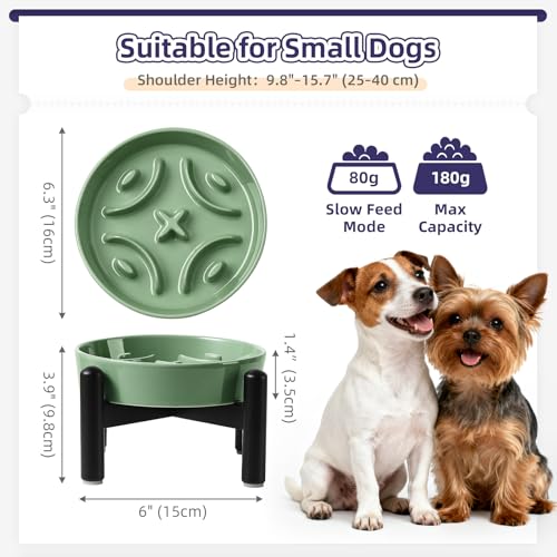 Elevated Slow Feeder Dog Bowl, 0.8 Cups Ceramic Raised Slow Feeder with Stainless Stand, 6.3 Inch Wide Lifted Dog Bowl for Small Breeds to Control Eating Speed, Green - color: Green, size: Small with Stand