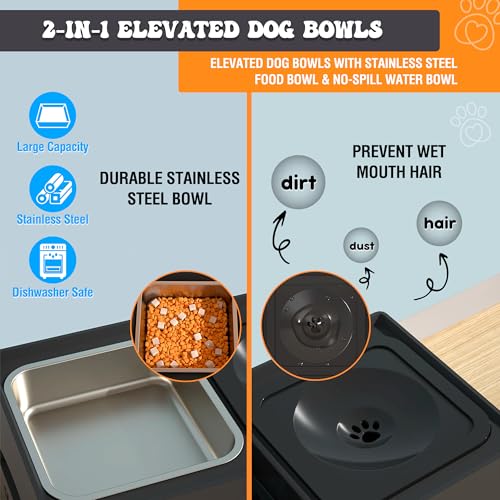 Elevated Dog Bowls, Raised Dog Bowl Stand with 4 Adjustable Heights, Stainless Steel Food Bowl & No-Spill Water Bowl – Dog Bowls Elevated for Small, Medium & Large Dogs - color: No-Spill Water Bowl & Stainless Steel Bowl Black