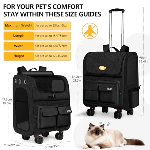 MGB Rolling Cat Carrier with Wheels: Dog Carrier for Small Dogs & Large Cats, Large Cat Carrier with YKK Zipper, Large Capacity, Breathable Mesh, Side Pocket, Black (Not for Airline) - color: Black