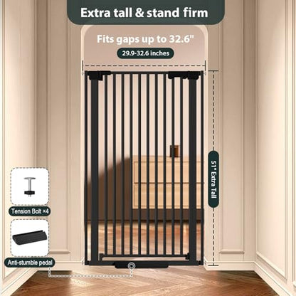 51'' Extra Tall Cat Gate Barrier for Doorways Hallways, Pressure Mounted Pet Dog Gates No Drilling Auto Close, Cat Fence Indoor Climb Proof 30-32.6'' Wide (Black) - size: 30''-32.6''Wide