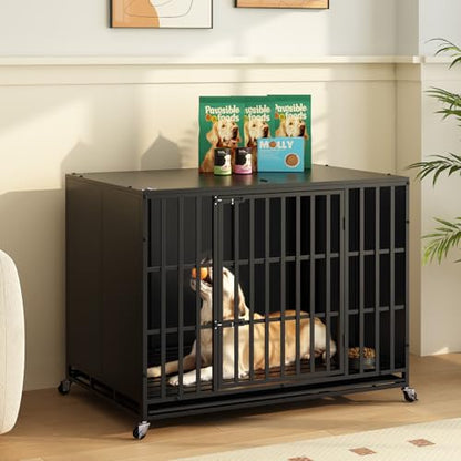 LEMBERI 42 inch Heavy Duty Indestructible Dog Crate, High Anxiety Extra Large Dog Cage for Large Dogs, XL Steel Escape Proof Dog Kennel with Wheels and Removable Tray - color: Black, size: 43.3"L x 30.7"W x 33.8"H