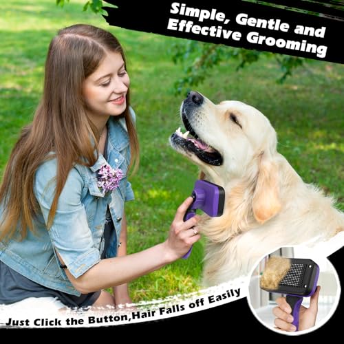 Professional 3PCS Self Cleaning Slicker Brush & Pet Grooming Rake & Flea Comb for Dogs,Cats and Horses | Double-Sided Dematting Comb & Skin Friendly Deshedding Grooming Tool | Pet Supplies - color: Purple