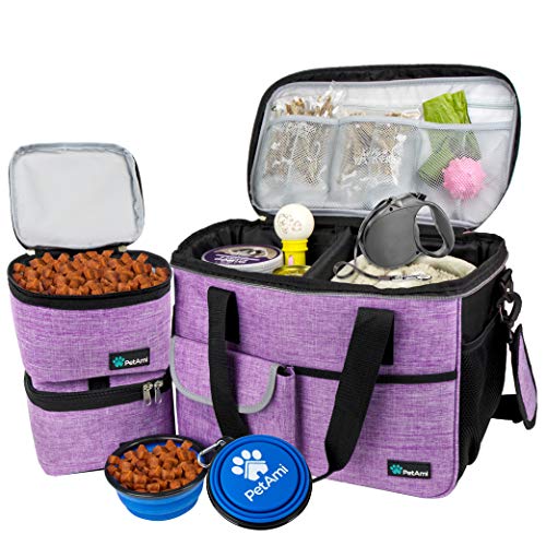 PetAmi Dog Travel Bag Organizer, Pet Travel Kit with 2 Food Containers & 2 Collapsible Dog Bowls, Pet Supplies Tote with Luggage Sleeve, Weekend Road Trip Camping Essentials, Purple, Medium - color: Purple, size: Medium - 14.5"L x 8"W x 12.0"H