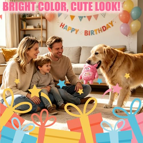 Plush Dog Birthday Toy for Girl Boy Gifts, Crinkle Squeaky Dog Toy Keep Them Busy Tug of War Stuffed Dog Chew Toy for Small Medium Large Dogs (Pink) - color: Pink