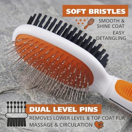 Double Sided Pet Grooming Brush | Soft Bristle Dog Brush for Shedding | Pin Brush for Light Detangling & Smoothing Coat | Cats Grooming Brushes For Short Long Hair | Pet Hair Removal Tool