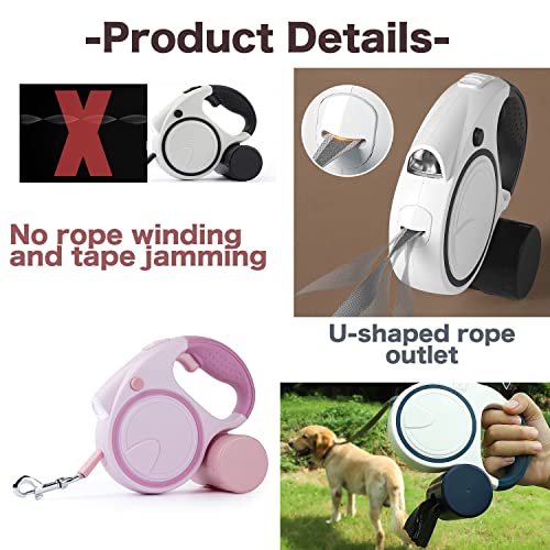 Retractable Dog Leash with LED Flashlight for Girl, 16ft Dog Walk Leash with Removable Poop Bag Holder for Small and Medium Dogs, Dog Leash with Reflective Strong Nylon Tape (3 Dog Poop Bag, White)