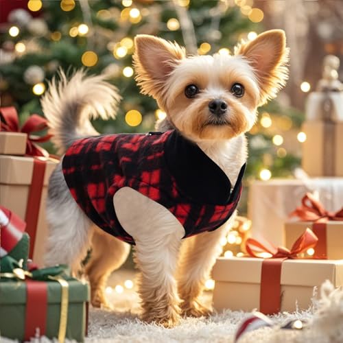 Rbenxia 1 PC Plaid Dog Sweaters with Leash Ring Soft Fleece Vest Dogs Pullover Warm Jacket Pet Dogs Clothes Winter Dog Outfits for Small Puppy Cat Pets (Black and Red, Large) - color: Black and Red, size: Large