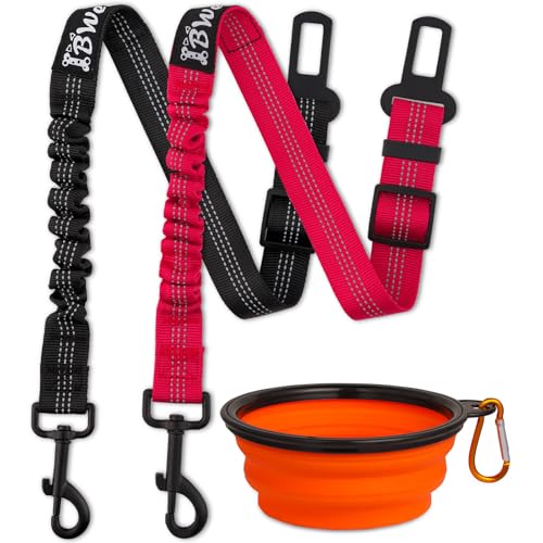 IBWell Dog Seat Belt,3 Piece Set Retractable Dog Car Harness Adjustable Dog Seat Belt for Vehicle Nylon Pet Safety Seat Belts Heavy Duty & Elastic (Black & Red) - color: Black & Red