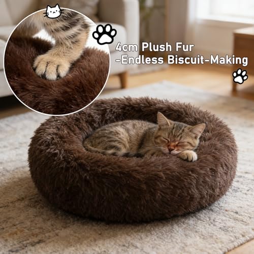Calming Donut Dog Beds Large Sized Dog - Washable Removable Cover Non-Slip, Round Pet Bed Warming Fluffy Plush Faux Fur Anti-Anxiety Thick Cushion, Fits up to 80 lbs (Coffee, 36") - color: Coffee, size: 36"L x 36"W x 8"Th