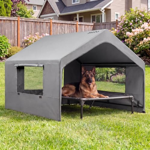 Zooba Extra Large Dog Shade with Elevated Bed, Outdoor Dog House for Large Breeds, 4’×4’×3.3’ Dog Shelter with Canopy, Dog Tent for Outside, 2-in-1 Separate Design, Grey