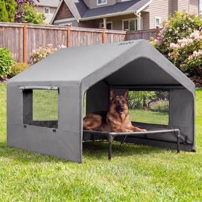 Zooba Extra Large Dog Shade with Elevated Bed, Outdoor Dog House for Large Breeds, 4’×4’×3.3’ Dog Shelter with Canopy, Dog Tent for Outside, 2-in-1 Separate Design, Grey