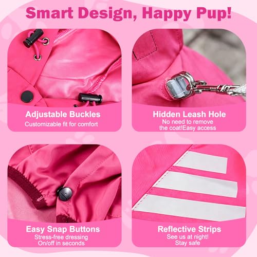 Dog Raincoat Waterproof Windproof Full Body Pet Jacket, Adjustable Reflective Puppy Rain Suit with Leash Hole, Lightweight Foldable Dog Coat for Small Medium Dogs(Pink, S) - size: S(Length 10'')