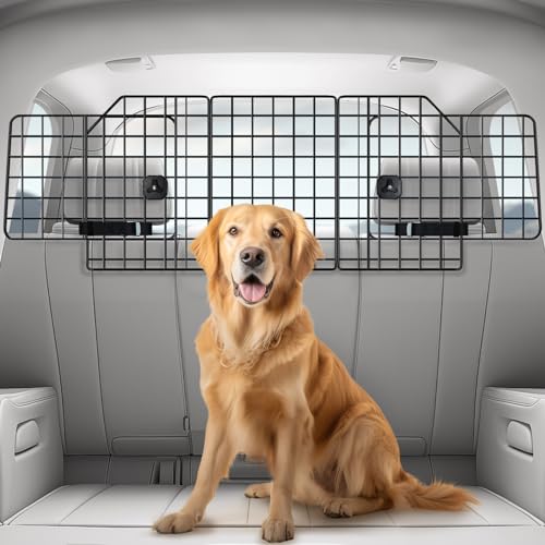 rabbitgoo Dog Car Barrier for SUVs, Adjustable Large Pet Gate, Universal-Fit Divider Cargo Net, Heavy-Duty Wire Mesh Dog Barrier SUV, Van Vehicles Subaru Car Accessories Safety Travel, Triple Folding