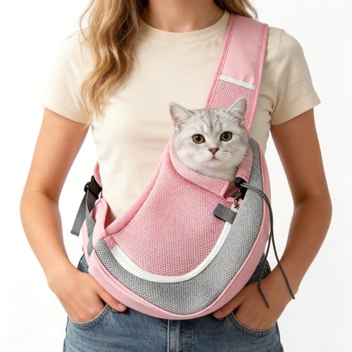 Dog Sling Carrier, Up to 5 lbs, Breathable Mesh Hand-Free Bag for Small Dogs Cat for Traveling, Hiking, Medium, Pink - color: Pink, size: 13.0"L x 9.1"W x 2.0"H