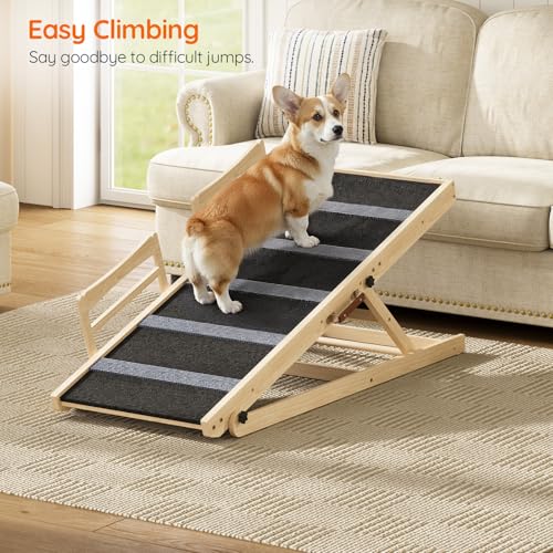 HOOBRO Dog Ramp for Bed, 47.2" Long Foldable Pet Ramp with Non-Slip Mat and Side Rails, Wooden Dog Ramp for High Beds, Couch and Car, 5 Height Adjustable from 15.6" to 25.2", Natural, NB42PT03 - size: 47.2"L x 17.7"W x 3.7"H