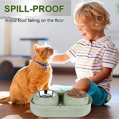 Elevated Raise Tilted Cat Food Bowls,with Stand Stainless Steel, Anti Vomiting, Double Cat Food and Water Bowl Set (Green) - color: Green