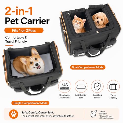 2 in 1 Large Cat Carrier with Wheels, Double Rolling Pet Carrier for Small Cats & Dogs, Dual Expandable Sides Travel Crate with Detachable Wheels & Middle Divider, Breathable Mesh Oxford
