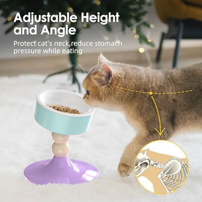 Ceramic Elevated Raised Cat Bowls,3 Heights Adjustable Raised Dog Bowl Stand for Indoor Cats and Small Dogs,15° Tilted Cat Food Feeding Dishes，Adjusts to 4.69", 5.98", 7.28" (Pink & White) - color: Lavender & Mint