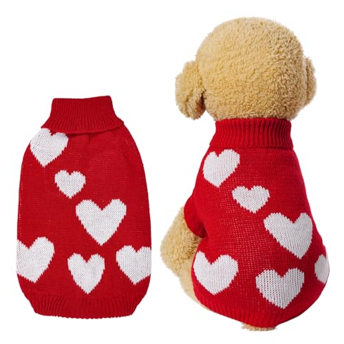 Topbuti Knitted Dog Sweater Heart Puppy Sweater Winter Warm Pullover Turtleneck Knitwear Pet Holiday Clothes for Small Dogs and Cats (Red, Large)
