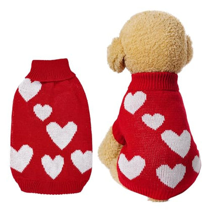 Topbuti Knitted Dog Sweater Heart Puppy Sweater Winter Warm Pullover Turtleneck Knitwear Pet Holiday Clothes for Small Dogs and Cats (Red, Large)