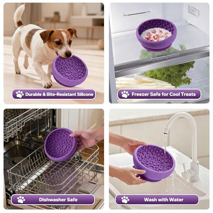 Dog Lick Bowl Slow Feeder with Slanted Anti-Spill Design, Extra-Thick Bite-Resistant Rim, Strong Suction Base, Freezer Safe for Frozen Treats — A Cleaner Alternative to Lick Mats for Dogs (Purple) - color: Purple