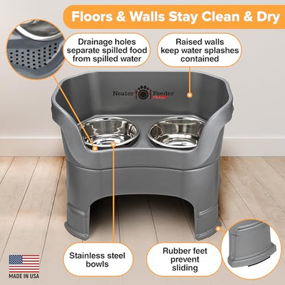 Neater Feeder Deluxe Mess Proof Dog Bowls Elevated for Large Breeds – Made in USA – No Spill Raised Slow Feeder Elevated Dog Bowl Stand, Stainless Steel Food and Water Bowl Set, Grey - color: Gunmetal Grey, size: Large with Slow Feed Bowl