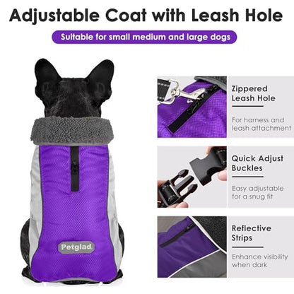 Petglad Dog Coat, Waterproof Ripstop Dog Winter Jacket with Leash Hole, Reflective Adjustable Warm Pet Fleece Snow Sweater for Small Medium Large Dogs - Purple, 3XL - color: Purple, size: 3XL