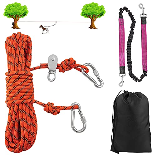 Dog Tie Out Cable for Camping - 50 feet Heavy Duty Overhead Trolley System and Dog Rope Buffer Leash for Dogs up to 200lbs, Portable Reflective Dog Lead Line for Yard, Park and Outdoor