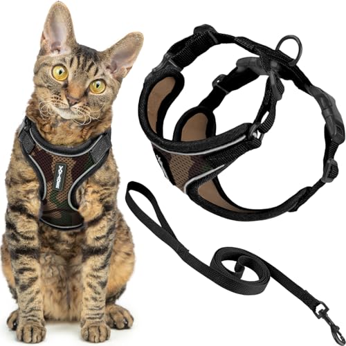 Voyager Escape-Proof Step-in Lock Cat Harness & 5ft Neoprene-Handle Leash Set All-Weather Mesh with Reflective Stitching for Small to Large Cats by Best Pet Supplies, Army (327), XS - color: Army (327), size: XS (Chest: 13 - 16")