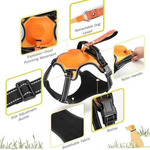 3-in-1 Dog Harness with Built-in Leash, Comfortable Dog Walking Harness with Extendable Lead, Heavy Duty Dog Harness for Large Dogs, Auto-Lock & Tug Control (Orange-M)