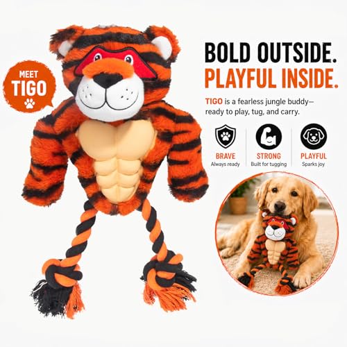 Tiger Rope & Plush Dog Toy with Squeaker, Interactive Tug Toy for Medium to Large Dogs, Multi-Texture Toy for Tug, Toss & Supervised Play - color: Tiger