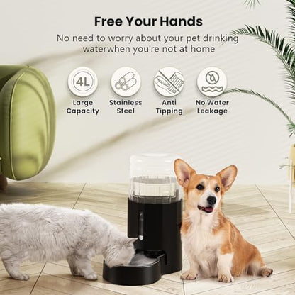 CZPET Automatic 4L/135Oz/1Gal Cat Water Dispenser with Stainless Steel Bowl, Gravity Waterer for Small Medium Dog Puppy Kitten (Black) - color: Black