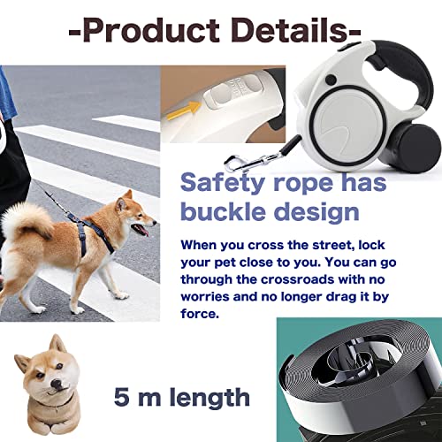 Retractable Dog Leash with LED Flashlight for Girl, 16ft Dog Walk Leash with Removable Poop Bag Holder for Small and Medium Dogs, Dog Leash with Reflective Strong Nylon Tape (3 Dog Poop Bag, White)