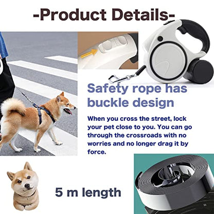 Retractable Dog Leash with LED Flashlight for Girl, 16ft Dog Walk Leash with Removable Poop Bag Holder for Small and Medium Dogs, Dog Leash with Reflective Strong Nylon Tape (3 Dog Poop Bag, White)