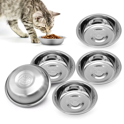 Stainless Steel Cat Bowl-Shallow Wide Flat Cats Food Bowls,Metal Kitten Dishes Whisker Friendly Fatigue Relief,Replacement Basic Kitty Plates for Elevated Stand,Dishwasher Safe（Set of 5）