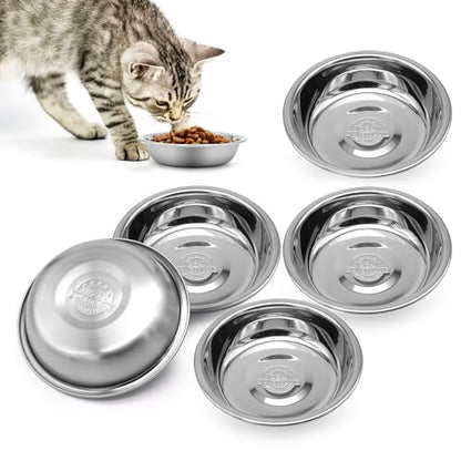 Stainless Steel Cat Bowl-Shallow Wide Flat Cats Food Bowls,Metal Kitten Dishes Whisker Friendly Fatigue Relief,Replacement Basic Kitty Plates for Elevated Stand,Dishwasher Safe（Set of 5）