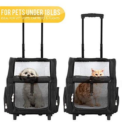 KOPEKS Deluxe Backpack Pet Travel Carrier with Double Wheels for Pets up to 18 Pounds - Black - color: Black, size: 17.5"L x 13.0"W x 20.0"H
