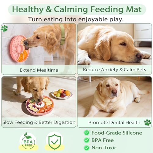 Slow Feeder Dog Bowl Silicone Suction Cup Anti Spill Dogs Cats Pink | strong suction base prevents sliding, extends mealtime, reduces anxiety, textured surface, dishwasher safe - color: Pink