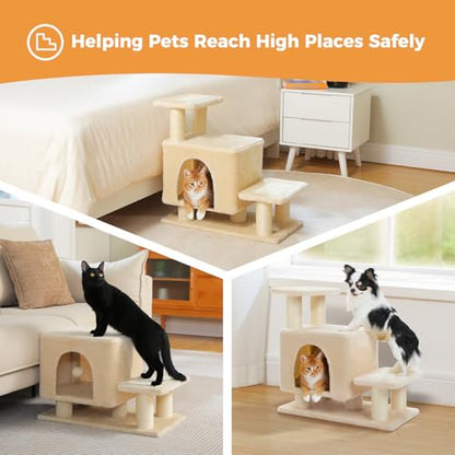 3-in-1 Dog Stairs & Cat Scratching Post with Condo, Pet Steps for High Beds, Sofa, Couch, Tall Cat Tower, High-Strength Boards for Indoor Small Cats Kittens Dogs Climbing Playing, 3 Steps-Beige - color: Beige