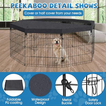 Dog Pen Pet Playpen Dog Fence Indoor Foldable Metal Wire Exercise Puppy Play Yard Pet Enclosure Indoor Outdoor 8 Panels 24 Inch with Bottom Pad/Top Cover (Black with top Cover) - style: Playpen + top cover
