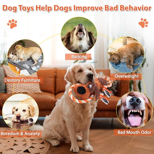 Drmstow Interactive Dog Toys for Large Dogs - Durable Rope Tug of War Toy with Squeaker & Crinkle - Tough Plush Chew Toys for Teeth Cleaning, Boredom Relief & Active Play - color: Brown2