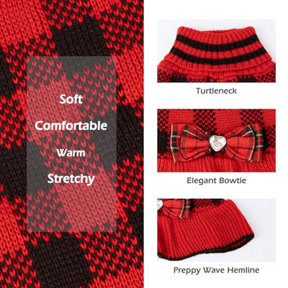 KYEESE Dog Christmas Sweater Dress with Bowtie Checkered, Turtleneck Dog Sweater for Small Dogs Girl with Leash Hole, Holiday Warm Pet Sweaters Dress, Red, Small - color: 09#Red Plaid, size: Small (3-6lbs)