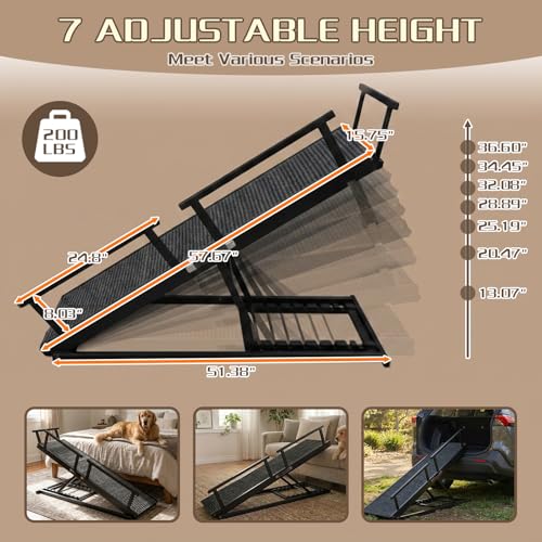 Dog Ramp for Bed - 7-Level Adjustable (13"-37") Birchwood, 60" Foldable Soft Carpet Ramp with Removable Washable Cover & Rails, for High Bed/Couch, DIY Glow Strips, Supports 200 Lbs - color: Black - Carpet Style