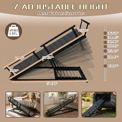Dog Ramp for Bed - 7-Level Adjustable (13"-37") Birchwood, 60" Foldable Soft Carpet Ramp with Removable Washable Cover & Rails, for High Bed/Couch, DIY Glow Strips, Supports 200 Lbs - color: Black - Carpet Style