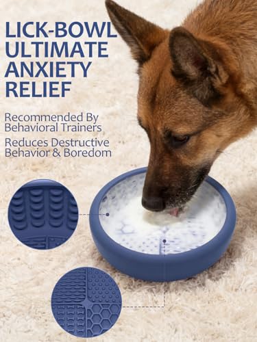 Dog Lick Bowl for Large Dogs, Lick Mat, Slow Feeder Lick Bowl with Brush and Scraper,Strong Suction, Freeze Licking Bowl for Anxiety Relief, Enrichment & Distraction, Dishwasher Safe 7.6 * 3.5 inch - color: Dark Blue